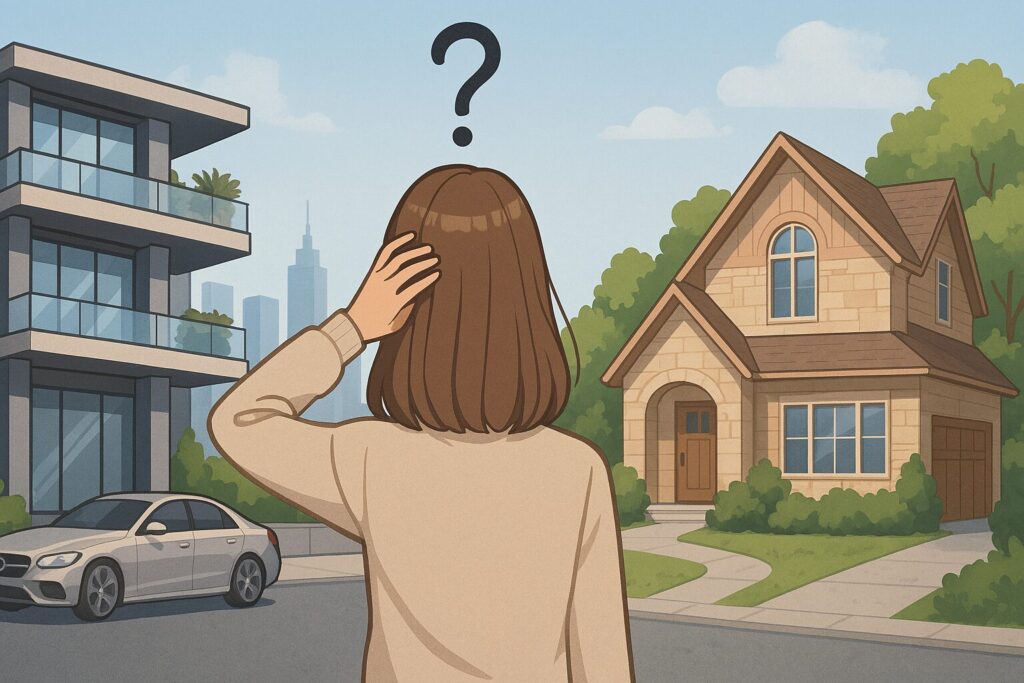都会的な高級住宅とナチュラルモダンな高級住宅があり、どちらにしようか迷っている女性